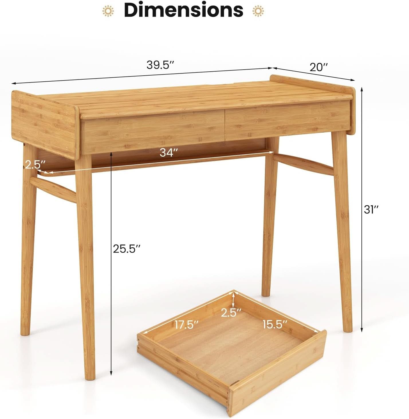 Bamboo Computer Desk with Drawers and Open Shelf