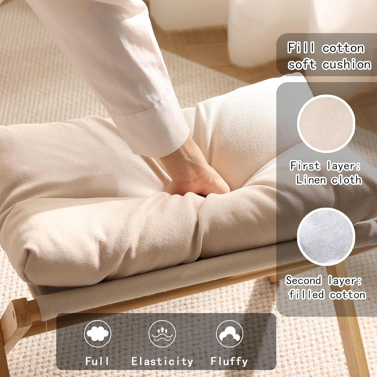 Bamboo Foldable Ottoman Foot Rest Beige Upholstered