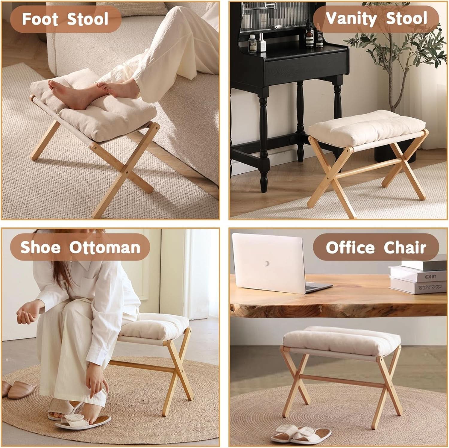 Bamboo Foldable Ottoman Foot Rest Beige Upholstered