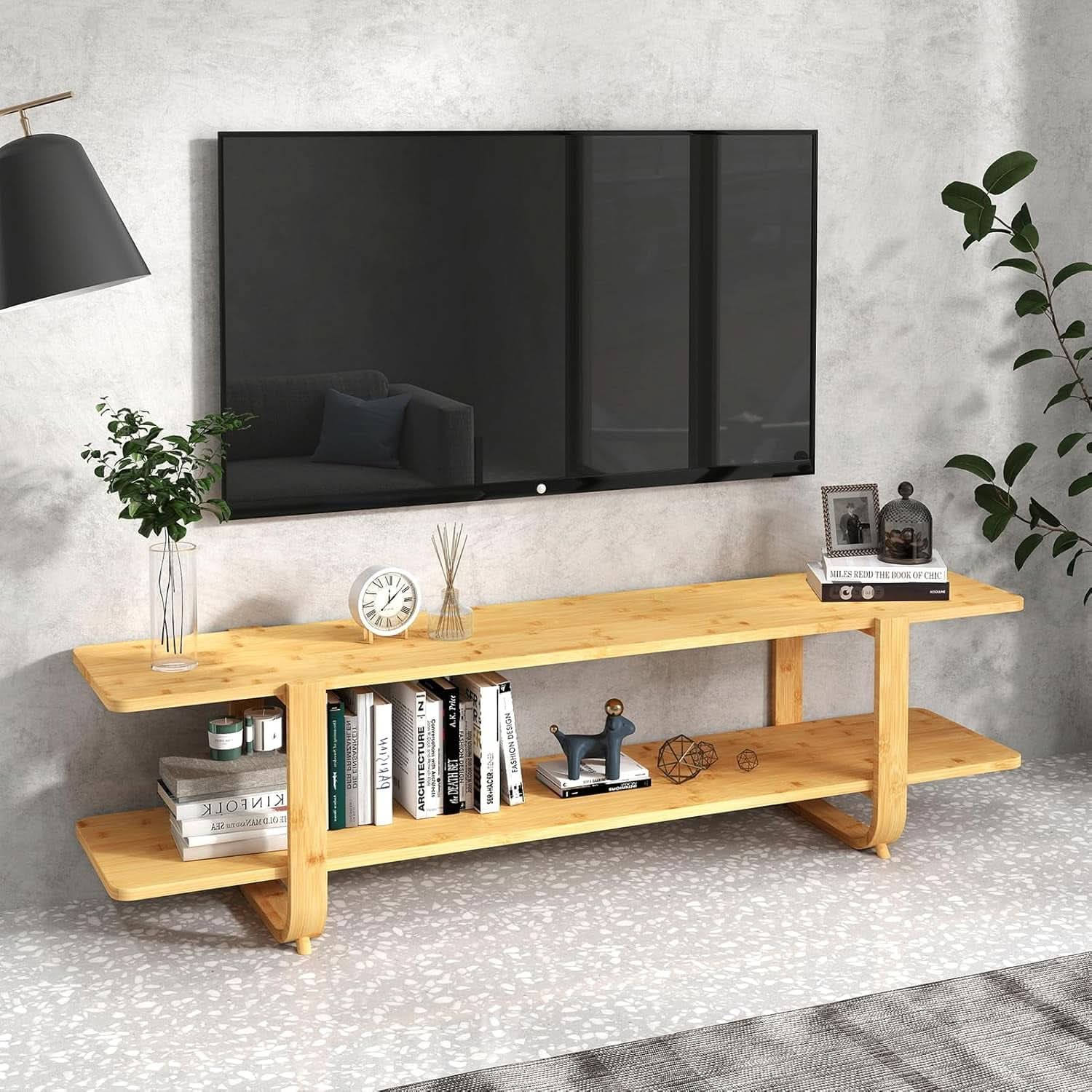 Bamboo TV Stand For 65 Inch TVs With Shelves And Storage