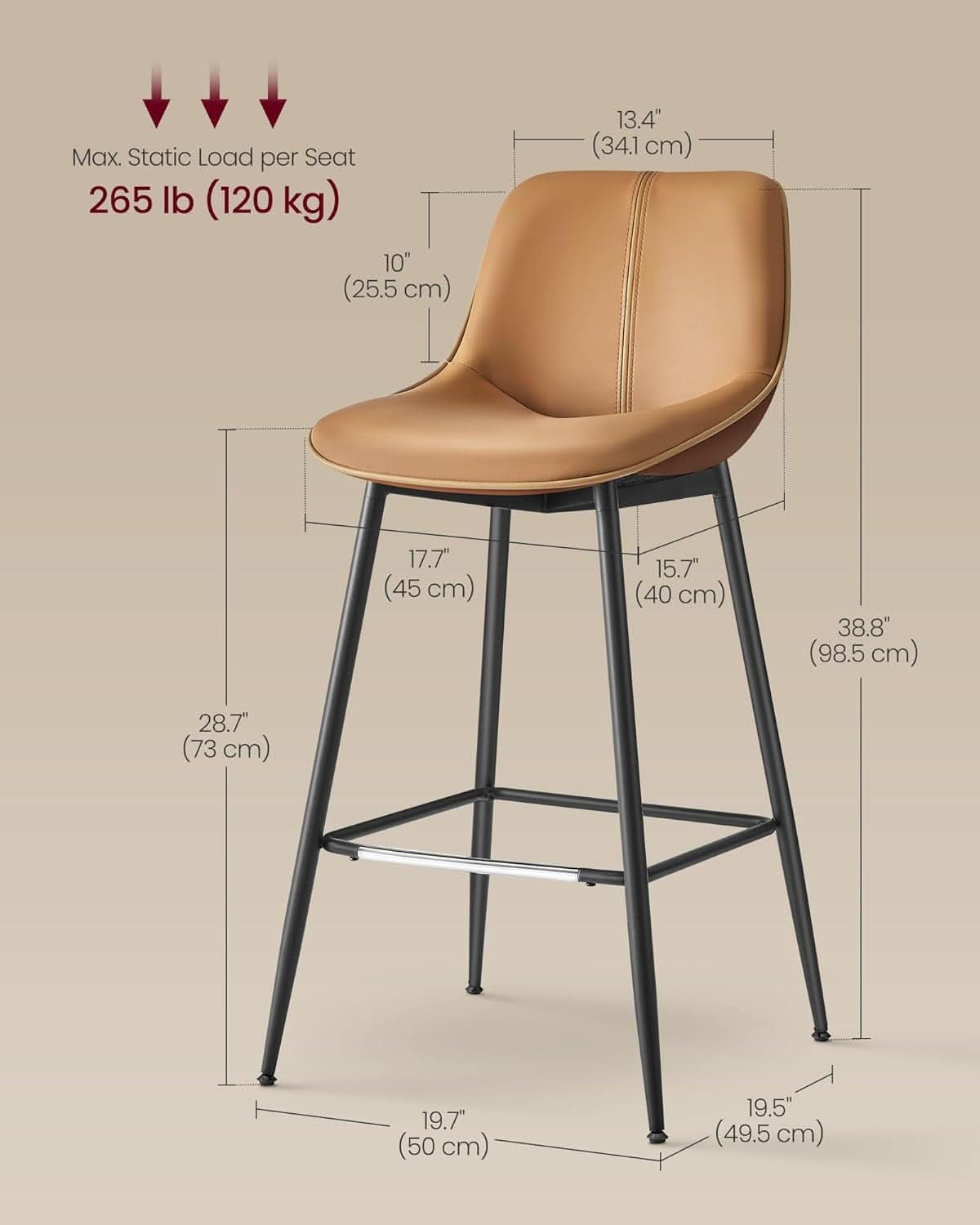 Bar Stool Set Of 2 Caramel Brown Ergonomic Backrest