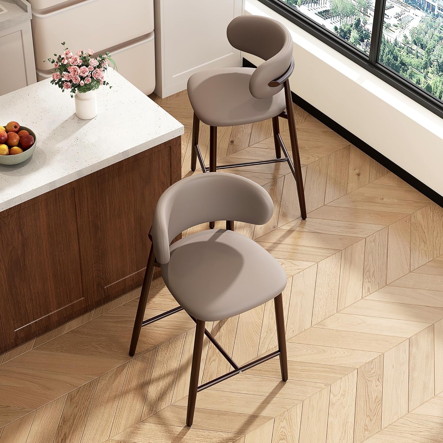 Bar Stool Set Of 2 Counter Height Metal Kitchen Bar Stools 26 Inch Walnut Khaki