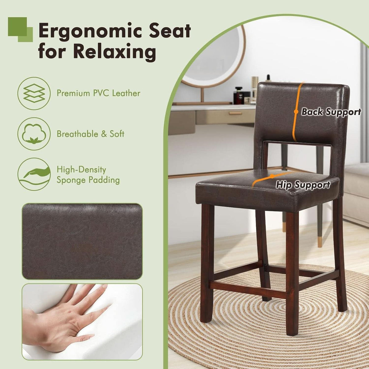 Bar Stool Set of 4 24.5 Inch Counter Height PVC Leather