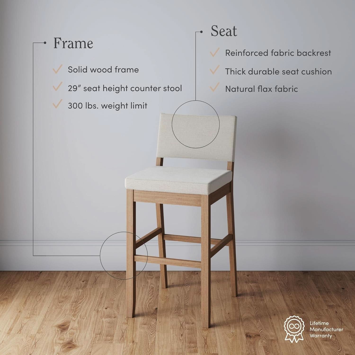 Bar Stool With Back Upholstered In Natural Flax Fabric