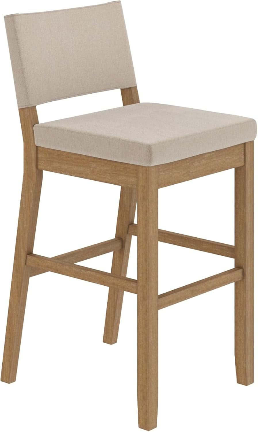 Bar Stool With Back Upholstered In Natural Flax Fabric