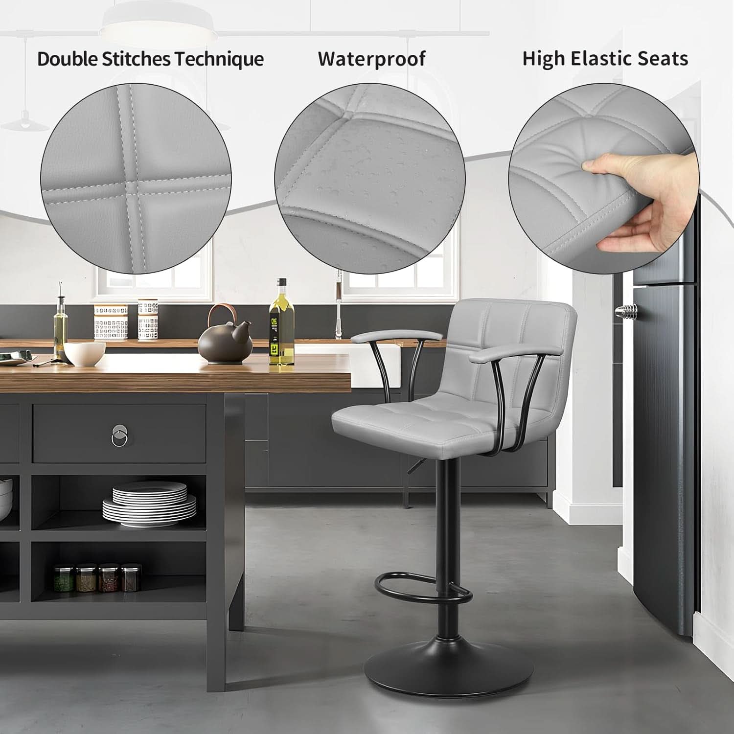Bar Stools 2 Adjustable Swivel With Back Grey PU Leather