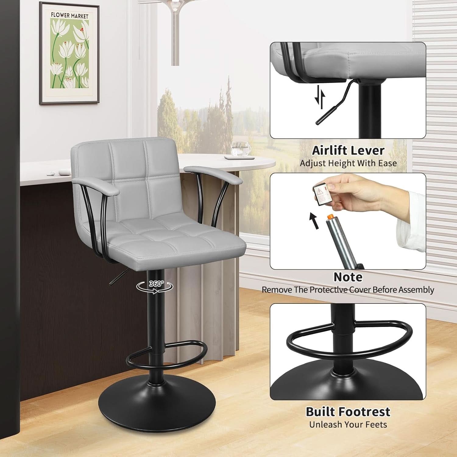 Bar Stools 2 Adjustable Swivel With Back Grey PU Leather