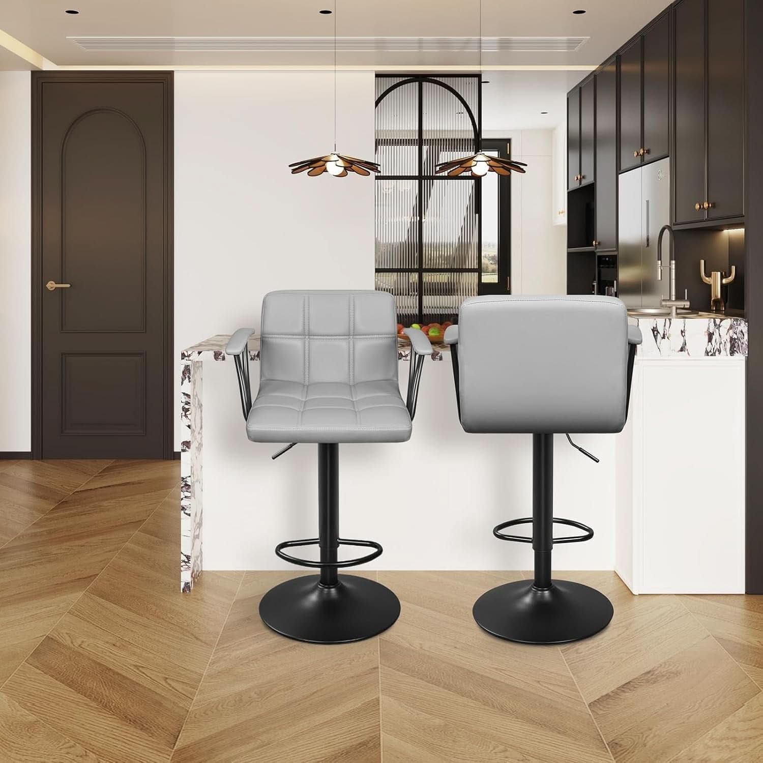 Bar Stools 2 Adjustable Swivel With Back Grey PU Leather