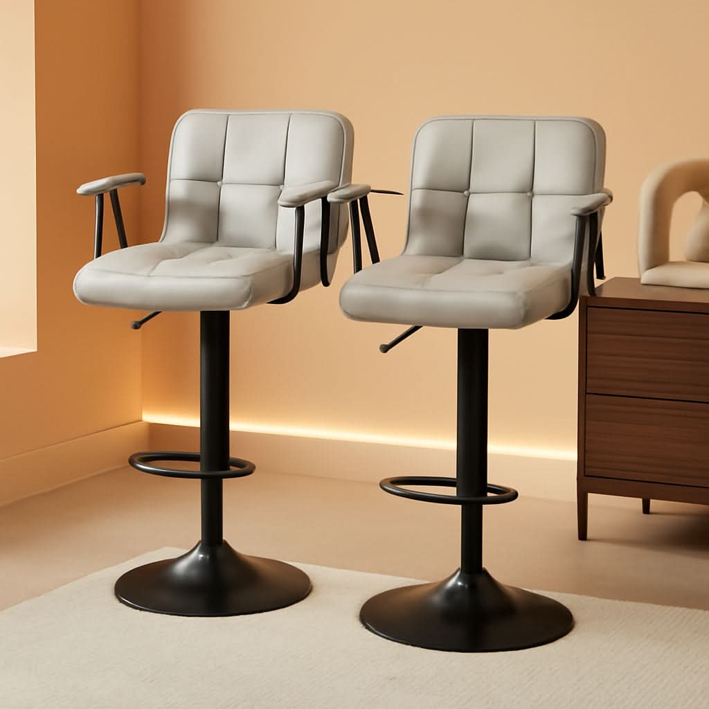 Bar Stools 2 Adjustable Swivel With Back Grey PU Leather