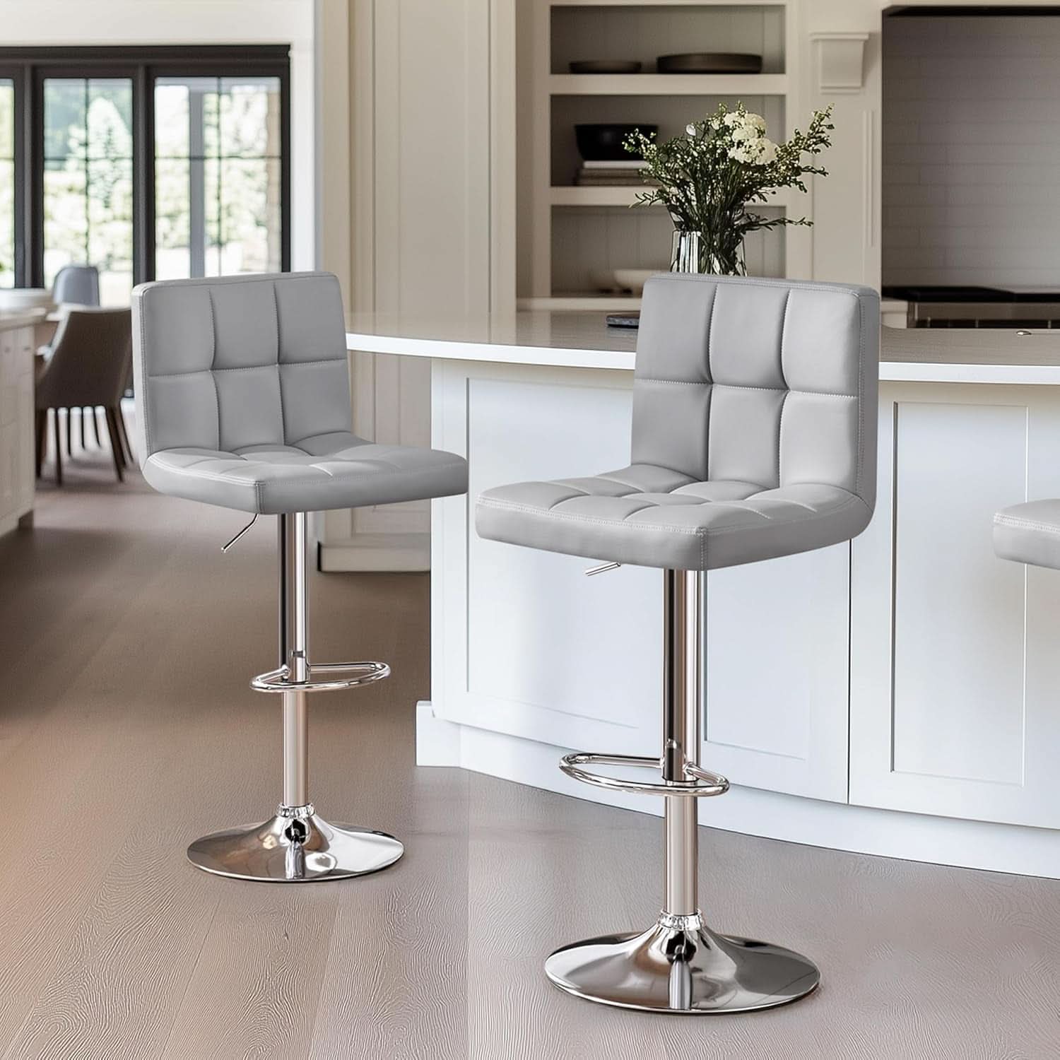 Bar Stools 2 Pack Adjustable Gray PU Leather Counter Height