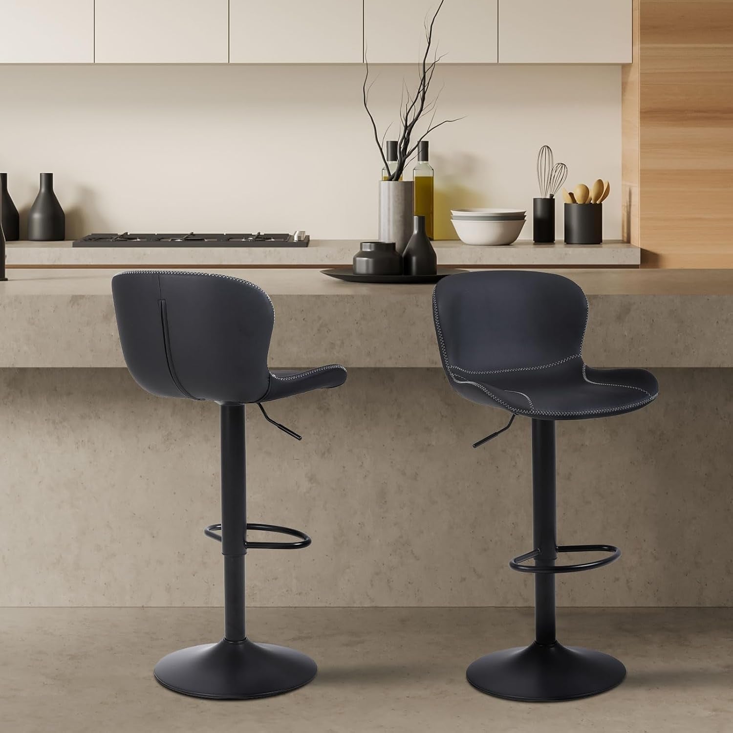 Bar Stools Black Leather Counter Height Back Swivel Pair