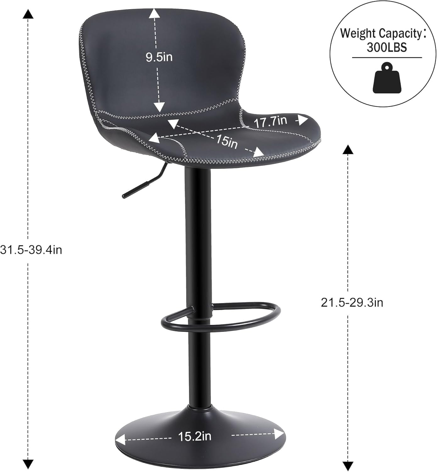 Bar Stools Black Leather Counter Height Back Swivel Pair