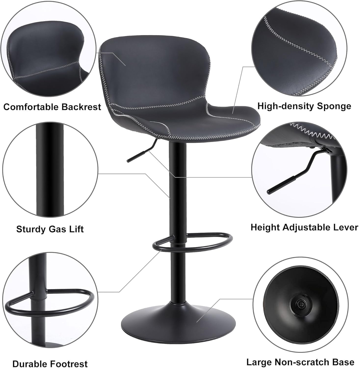Bar Stools Black Leather Counter Height Back Swivel Pair
