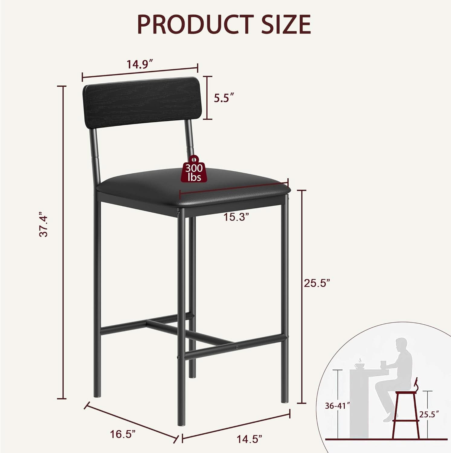 Bar Stools Four Pack With Back 25.5 Inch Rustic Black