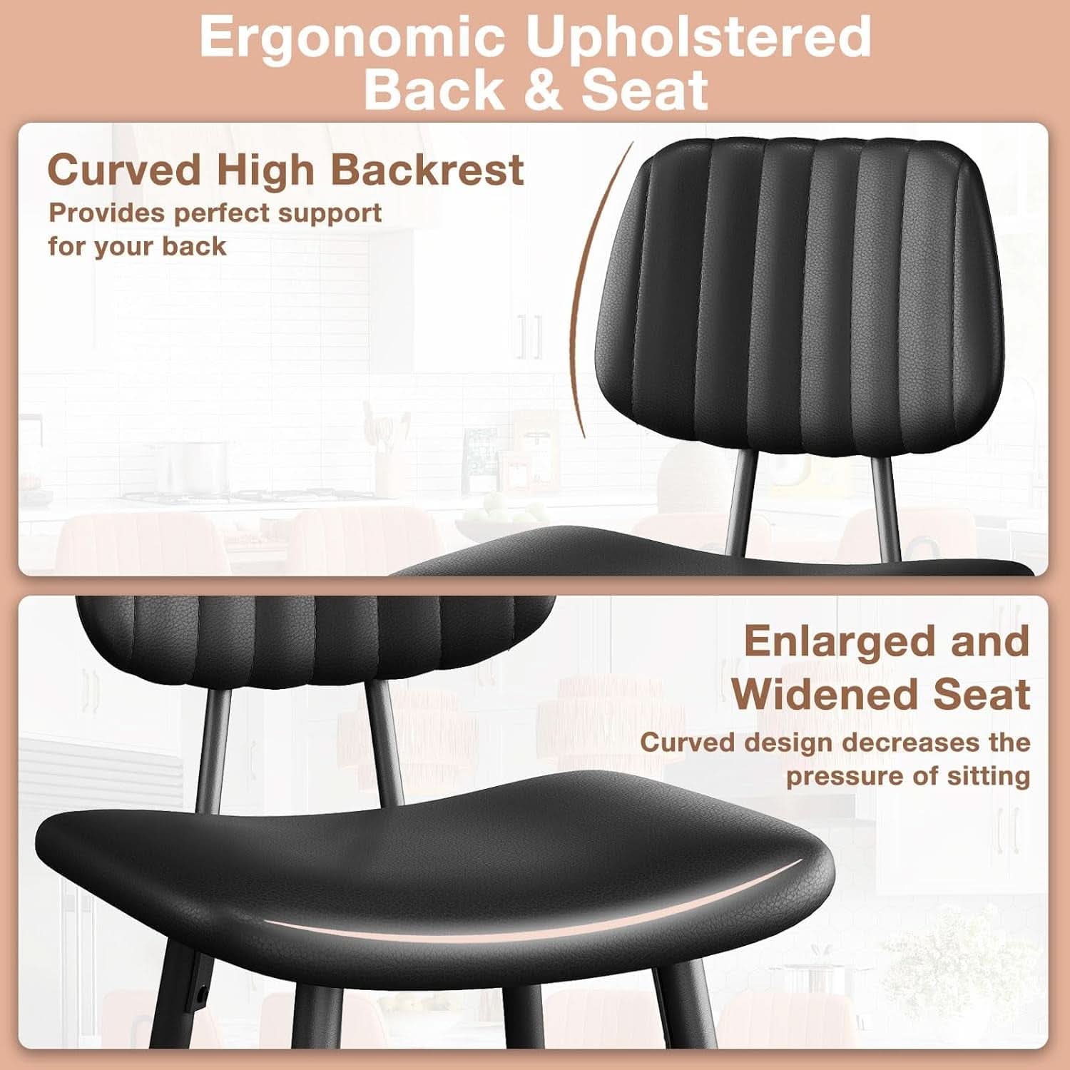 Bar Stools Set 2 24.6In Counter Height Black Faux Leather