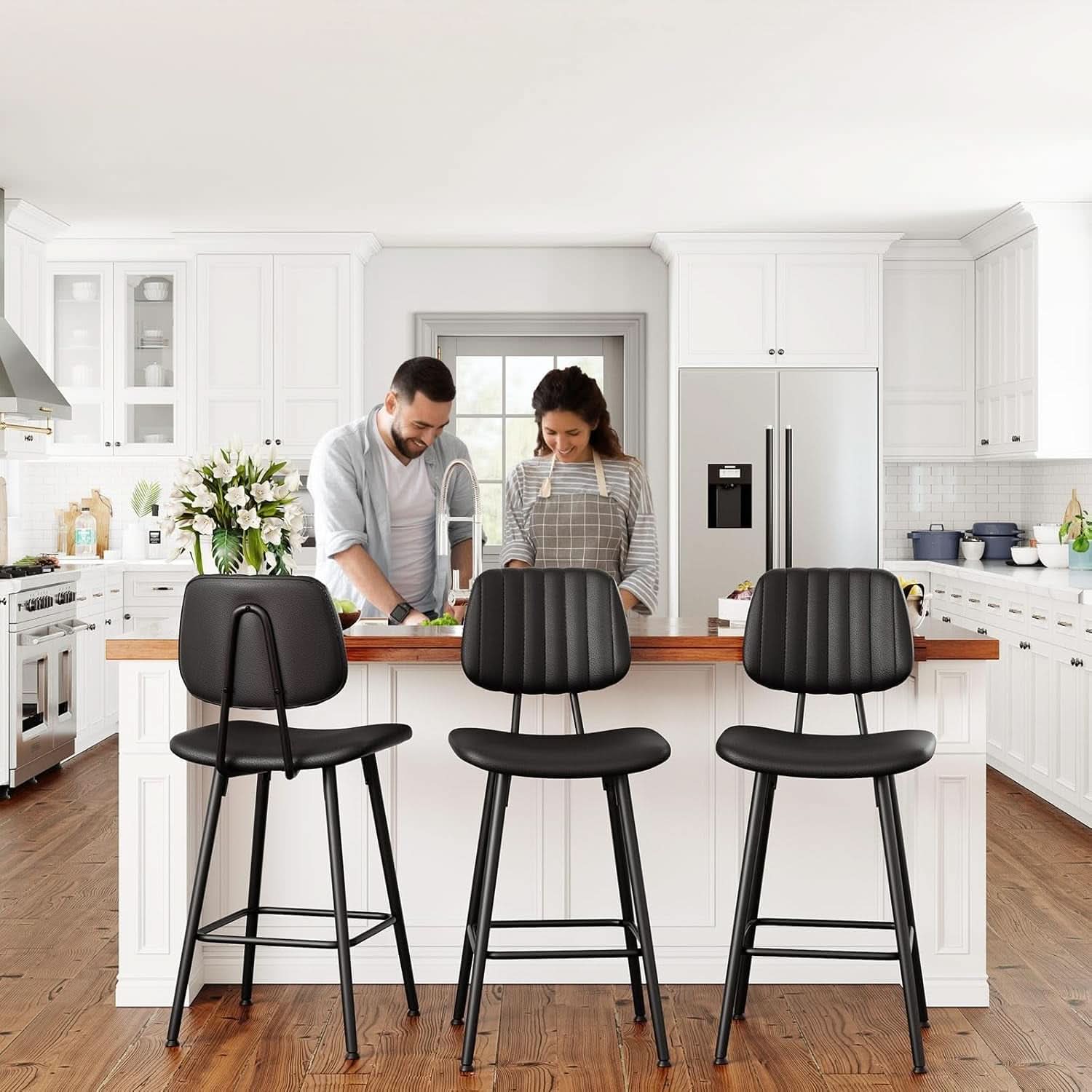 Bar Stools Set 2 24.6In Counter Height Black Faux Leather