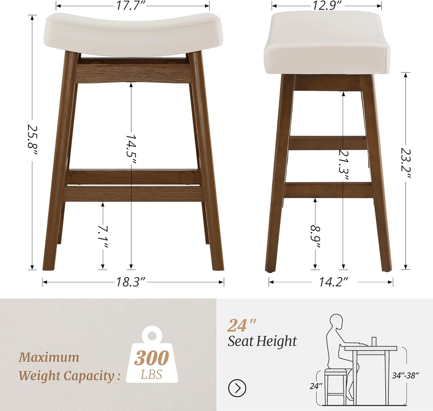 Bar Stools Set Of 2, 24 Inch Antique White Leather