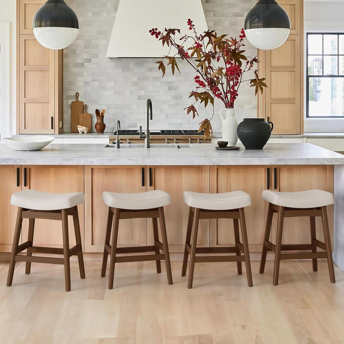Bar Stools Set Of 2, 24 Inch Antique White Leather