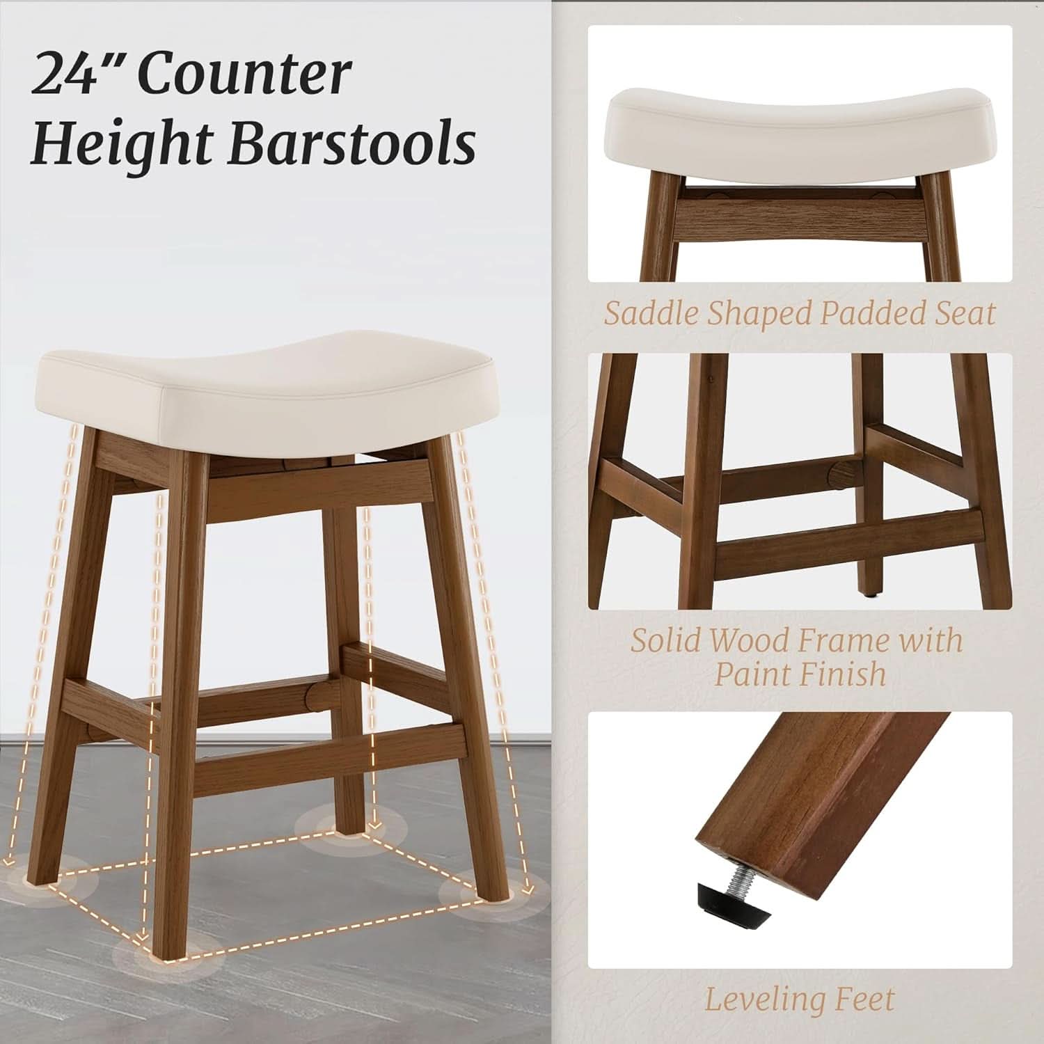 Bar Stools Set Of 2, 24 Inch Antique White Leather