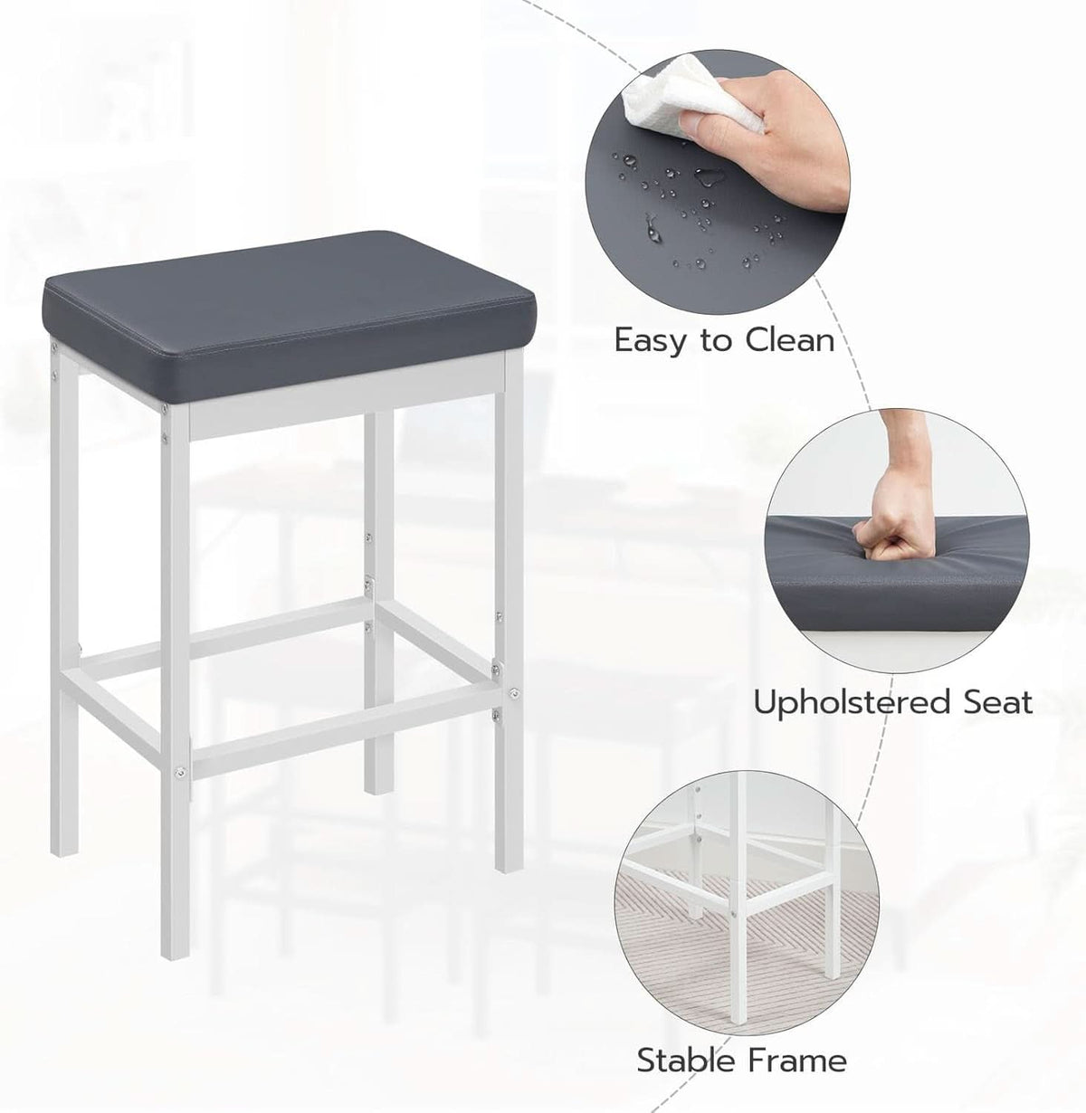 Bar Stools Set Of 2 24.8 Inch Upholstered White Gray