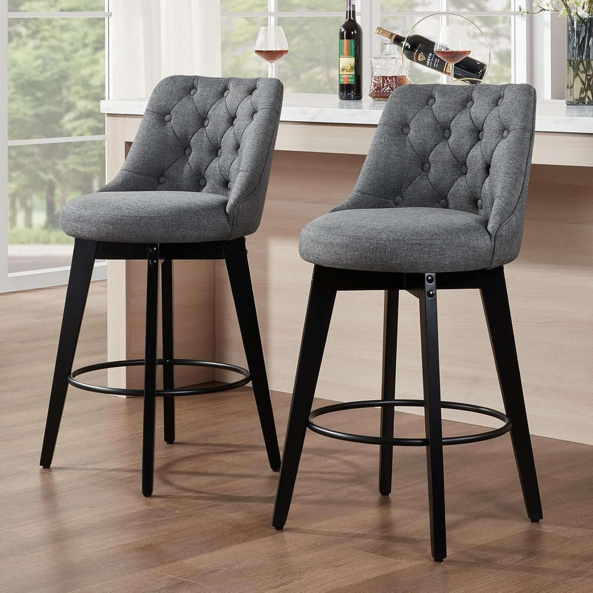 Bar Stools Set Of 2 27 Inch Grey Linen Upholstered Swivel With Back