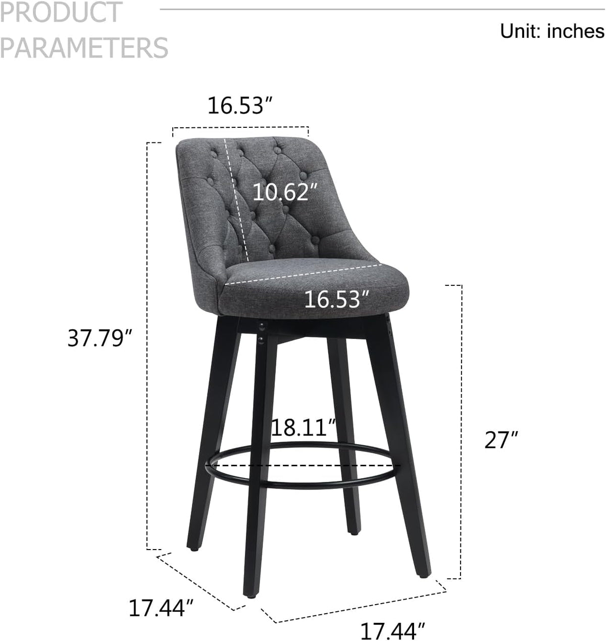 Bar Stools Set Of 2 27 Inch Grey Linen Upholstered Swivel With Back