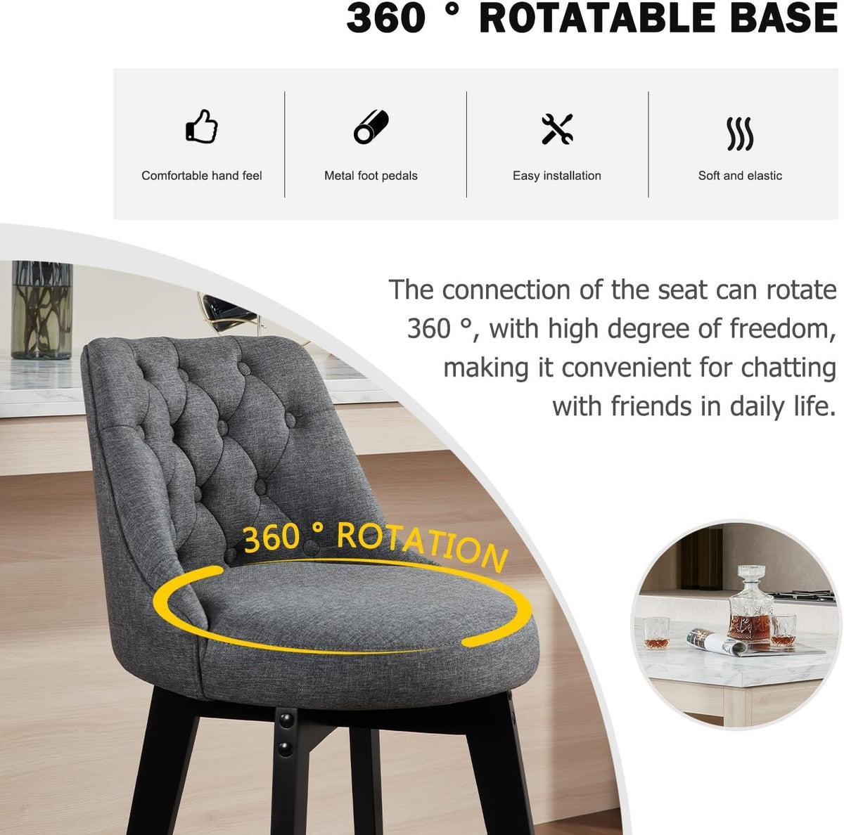 Bar Stools Set Of 2 27 Inch Grey Linen Upholstered Swivel With Back