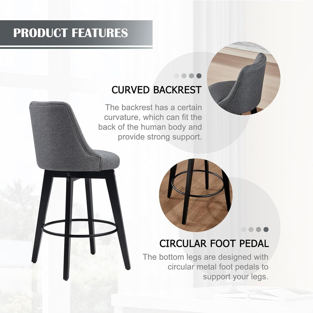 Bar Stools Set Of 2 27 Inch Grey Linen Upholstered Swivel With Back
