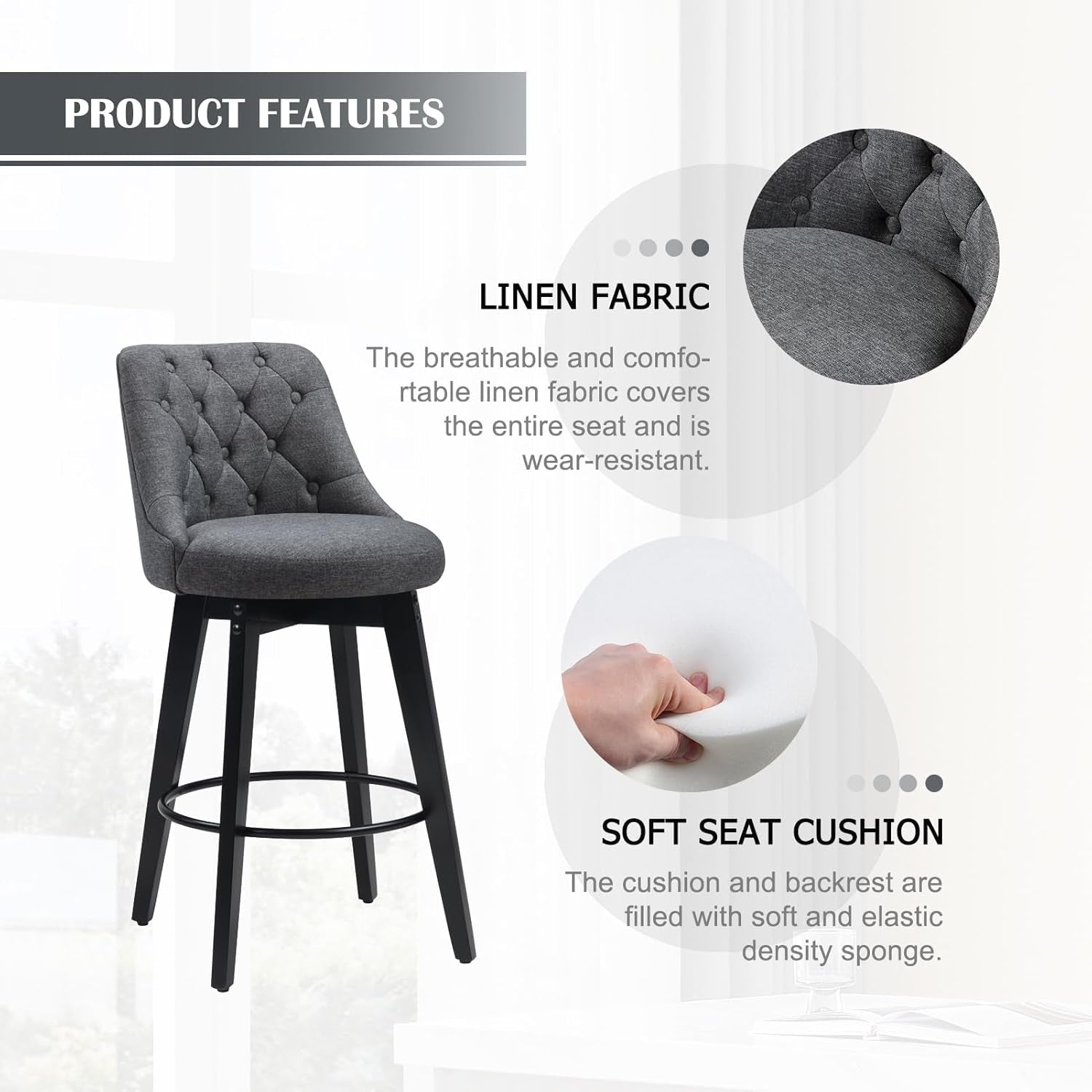 Bar Stools Set Of 2 27 Inch Grey Linen Upholstered Swivel With Back