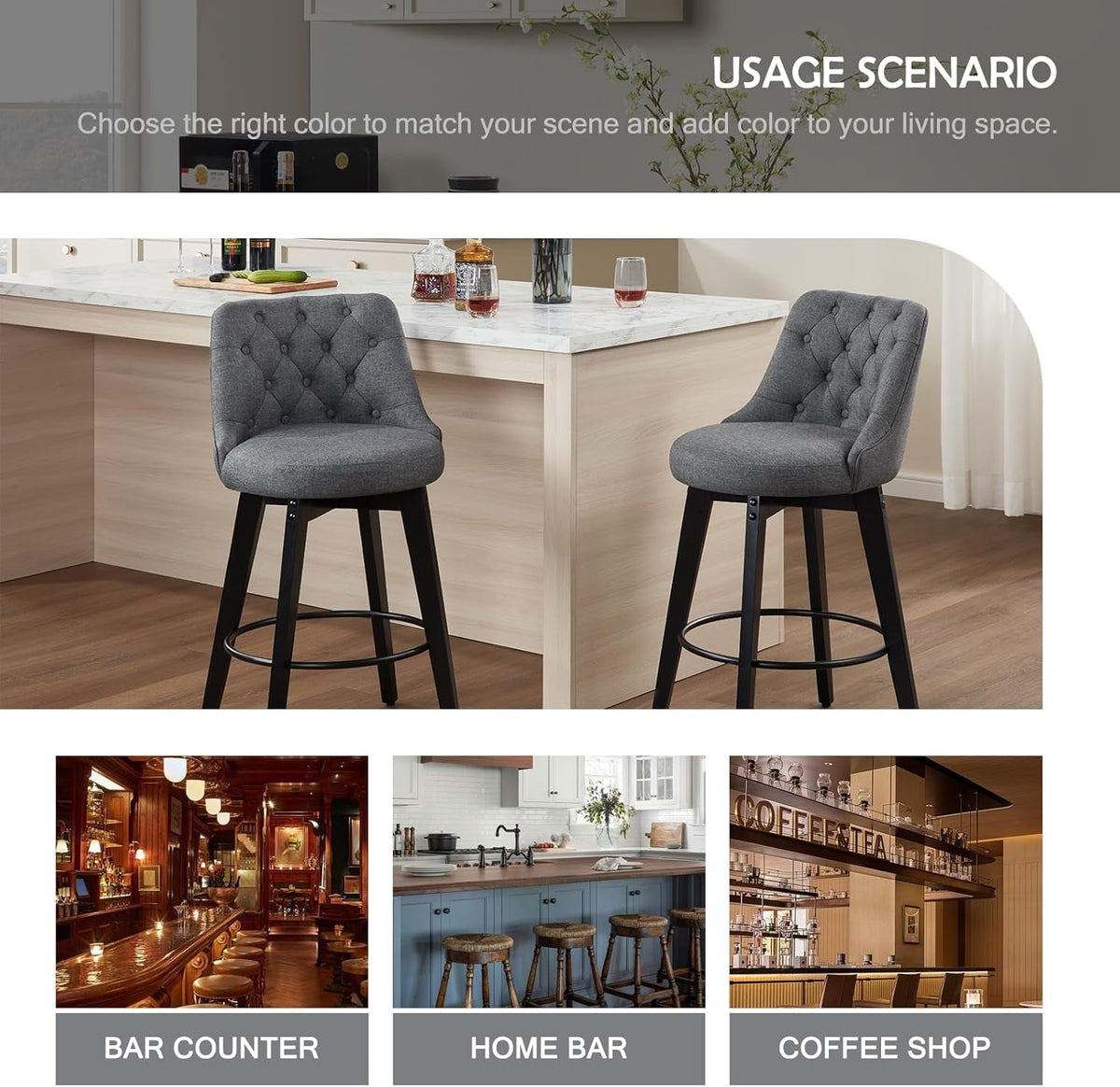 Bar Stools Set Of 2 27 Inch Grey Linen Upholstered Swivel With Back
