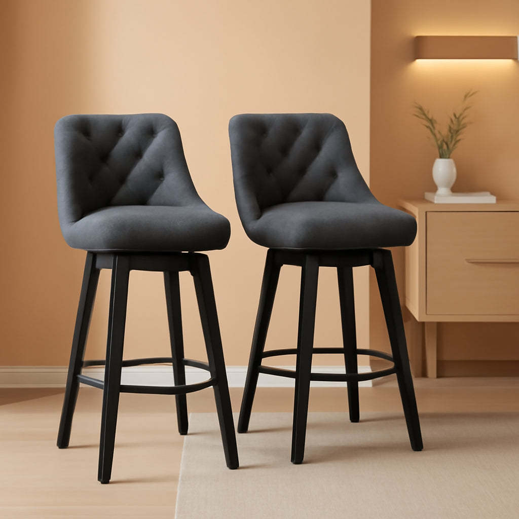 Bar Stools Set Of 2 27 Inch Grey Linen Upholstered Swivel With Back