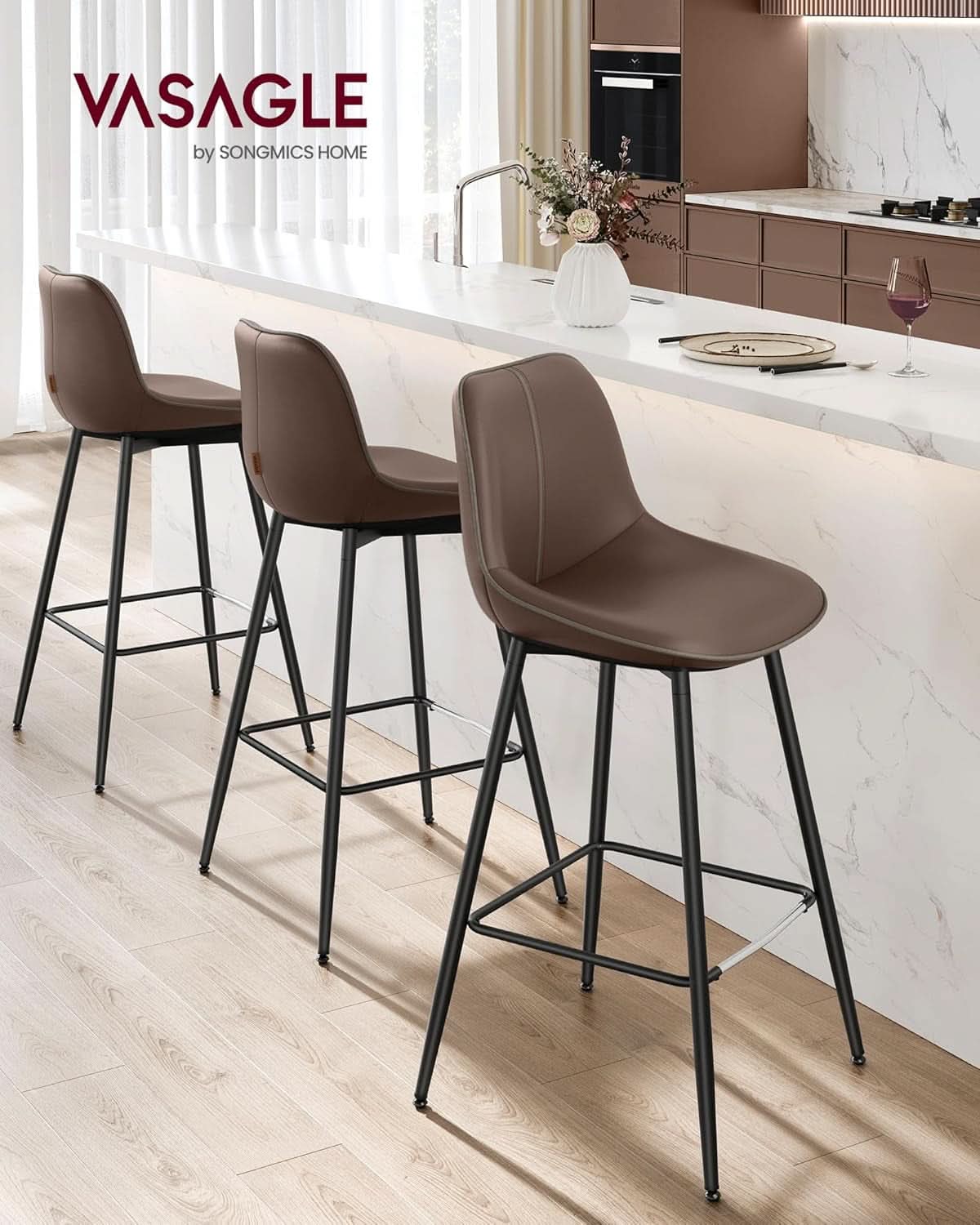 Bar Stools Set Of 2, 28.7 Inch Bar Height With Back, Coffee Brown