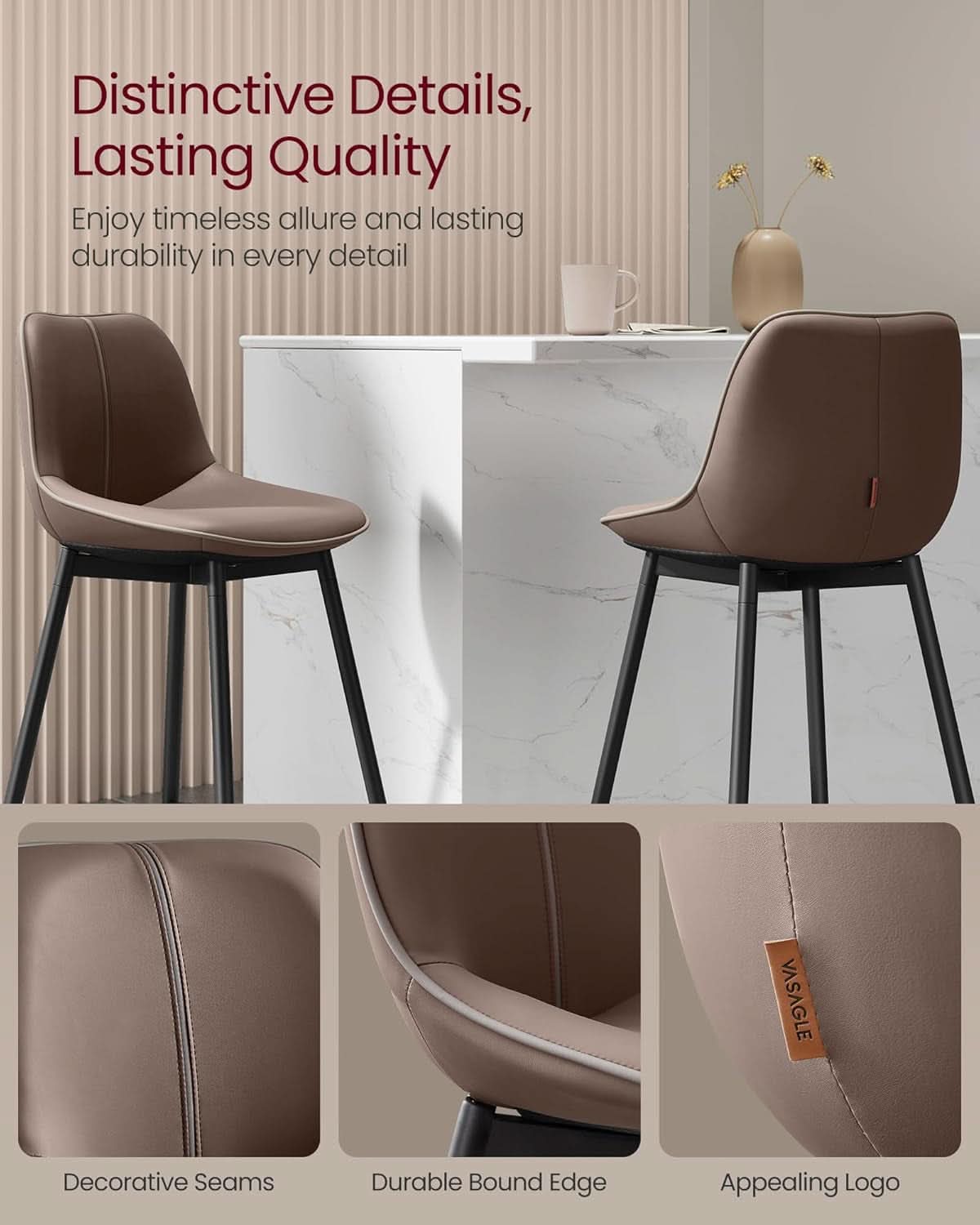Bar Stools Set Of 2, 28.7 Inch Bar Height With Back, Coffee Brown