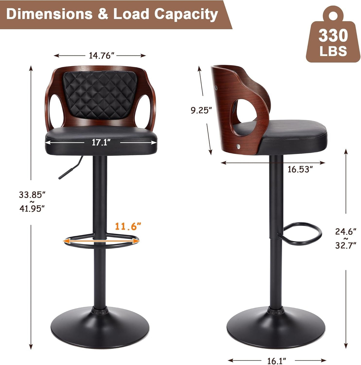 Bar Stools Set Of 2 Adjustable Counter Height Black Swivel