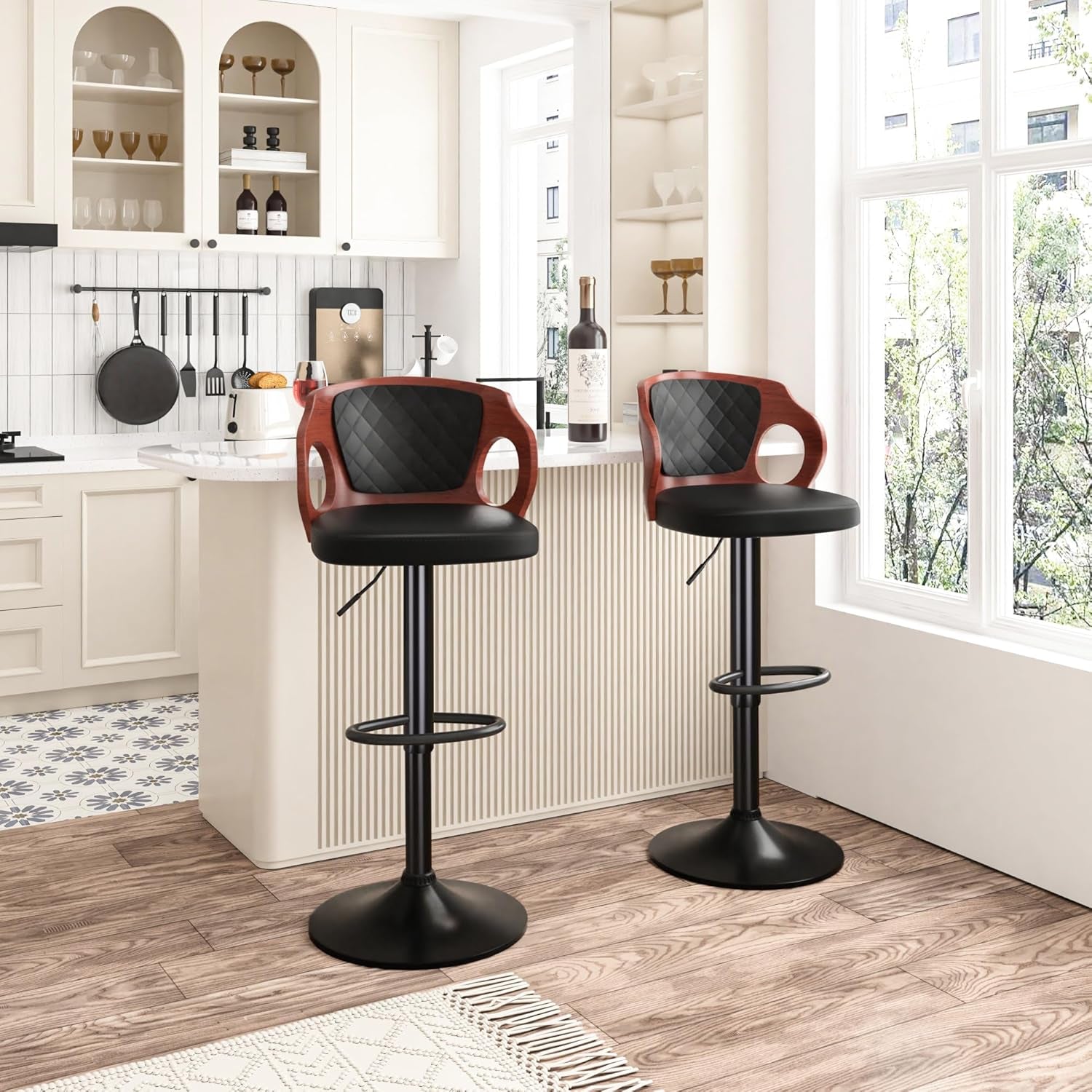 Bar Stools Set Of 2 Adjustable Counter Height Black Swivel