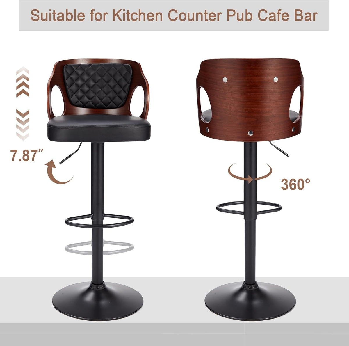 Bar Stools Set Of 2 Adjustable Counter Height Black Swivel