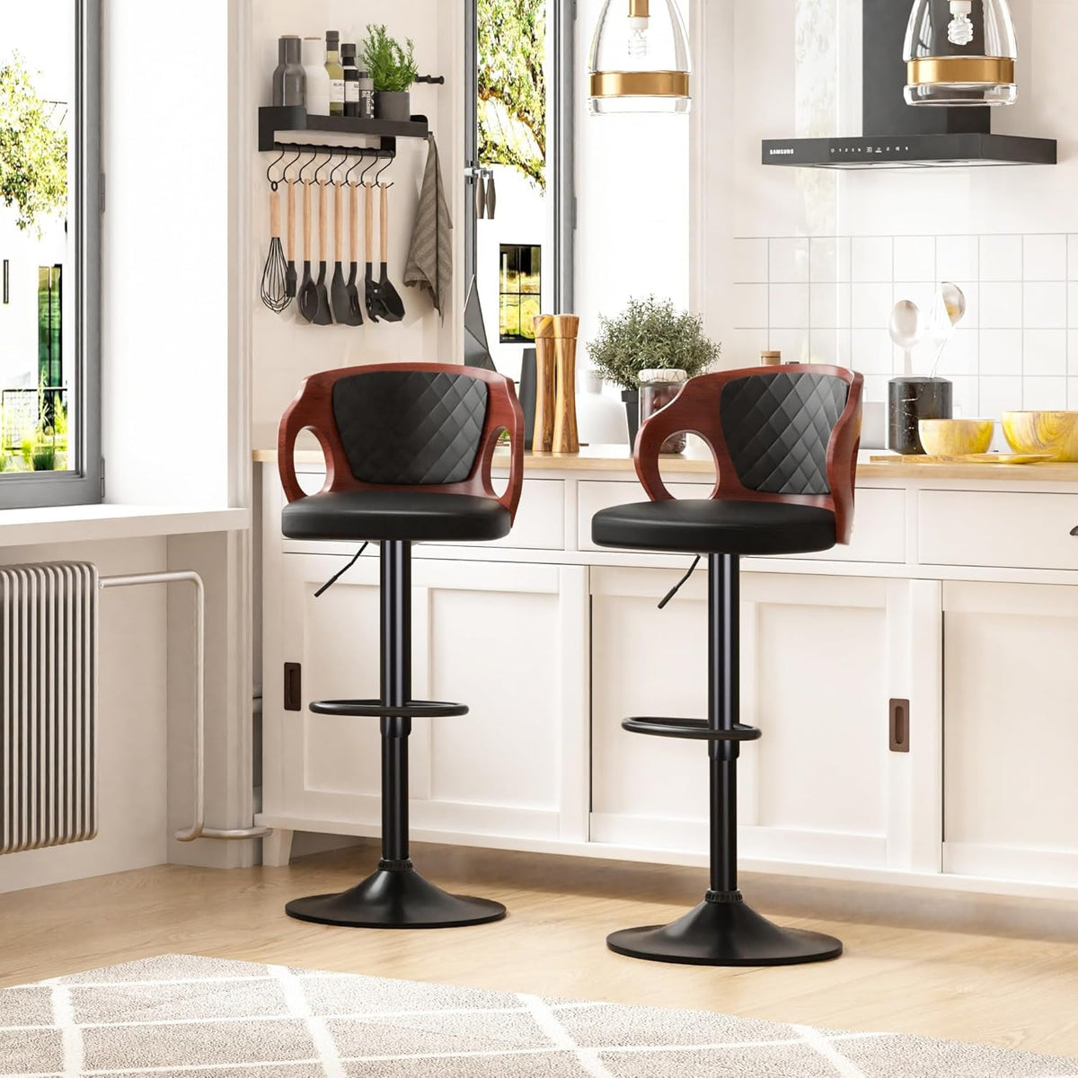 Bar Stools Set Of 2 Adjustable Counter Height Black Swivel