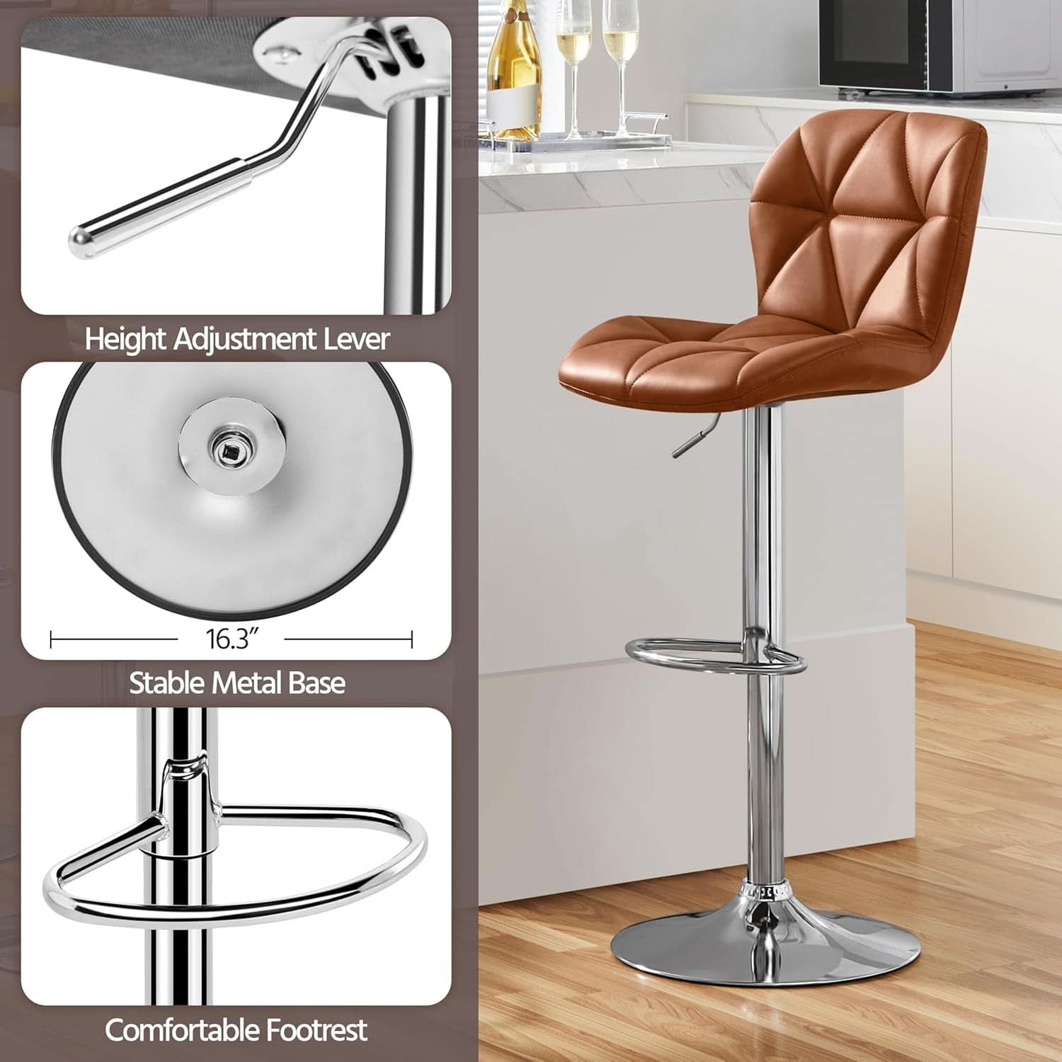 Bar Stools Set Of 2 Adjustable PU Leather Backrest Stools