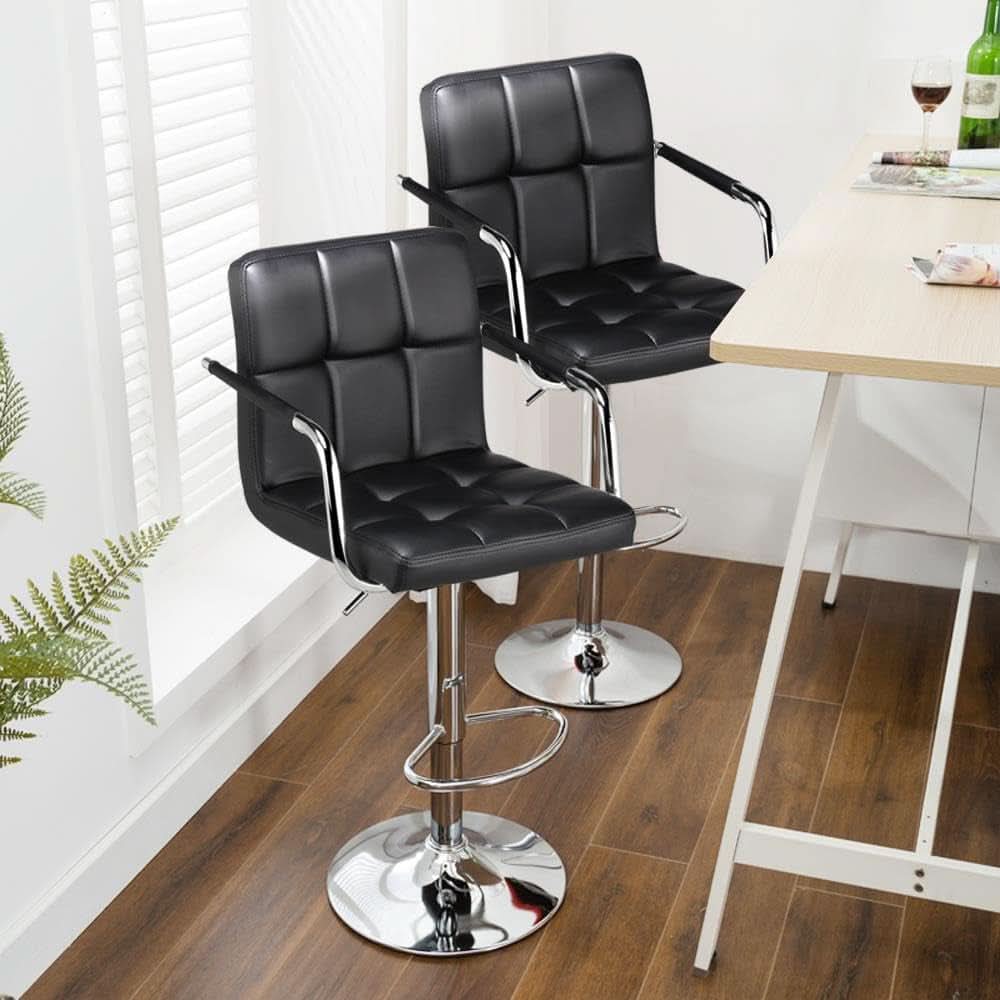 Bar Stools Set Of 2 Adjustable PU Leather Black Swivel