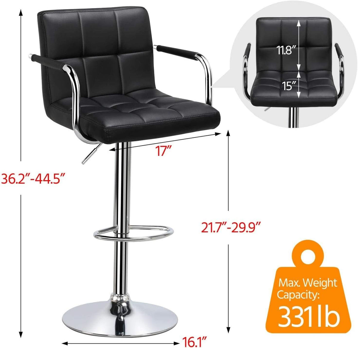 Bar Stools Set Of 2 Adjustable PU Leather Black Swivel