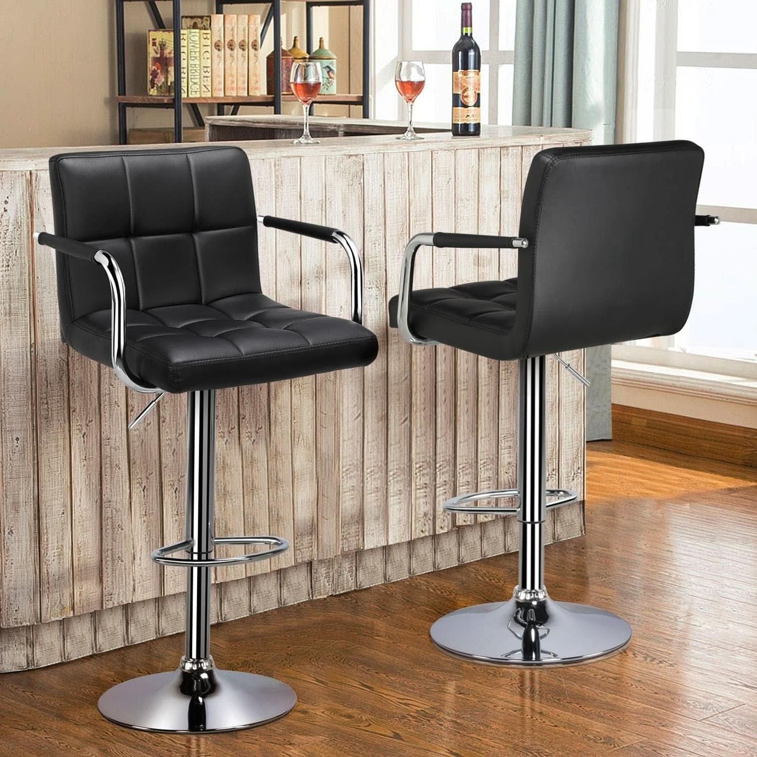 Bar Stools Set Of 2 Adjustable PU Leather Black Swivel