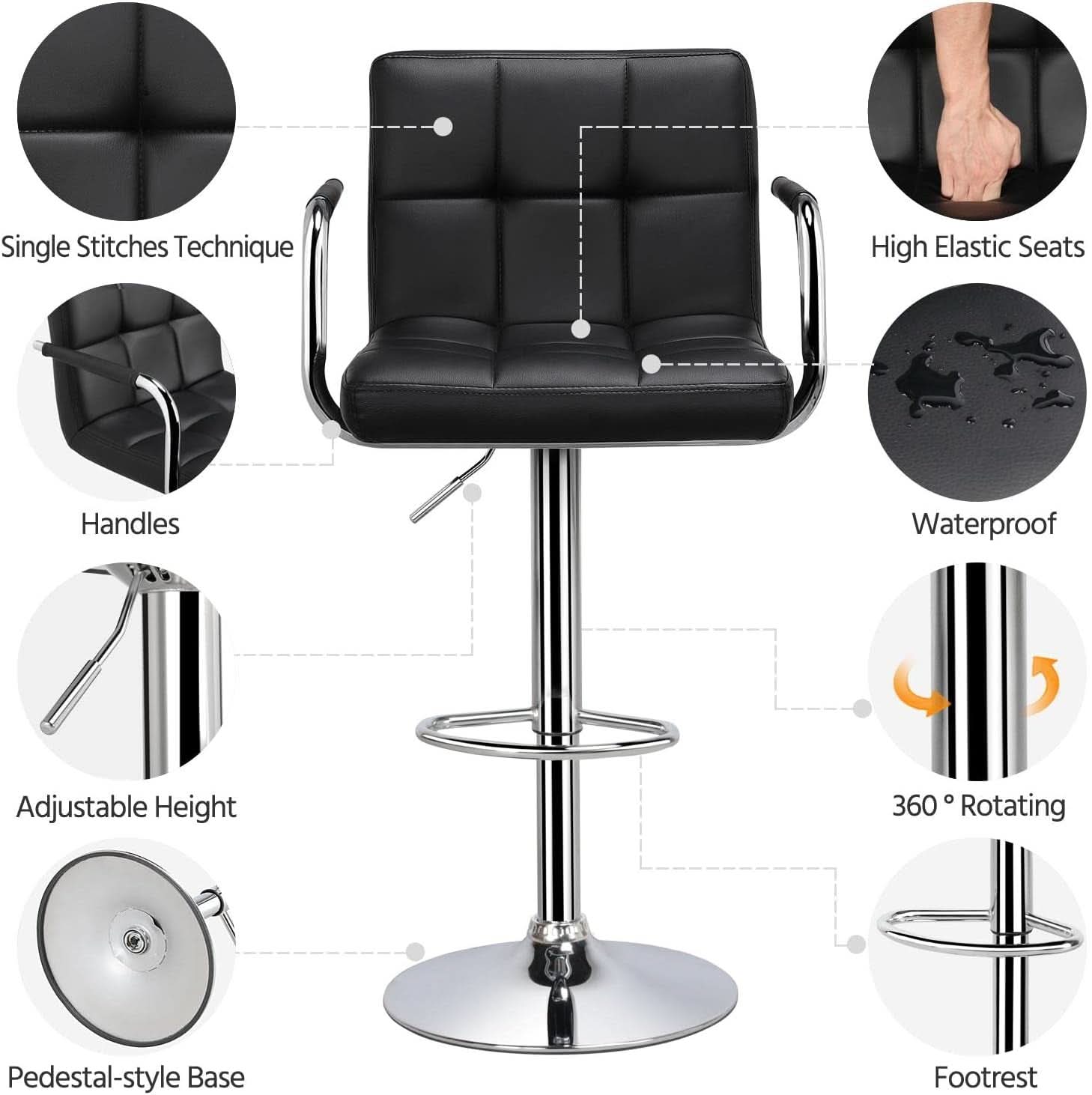 Bar Stools Set Of 2 Adjustable PU Leather Black Swivel