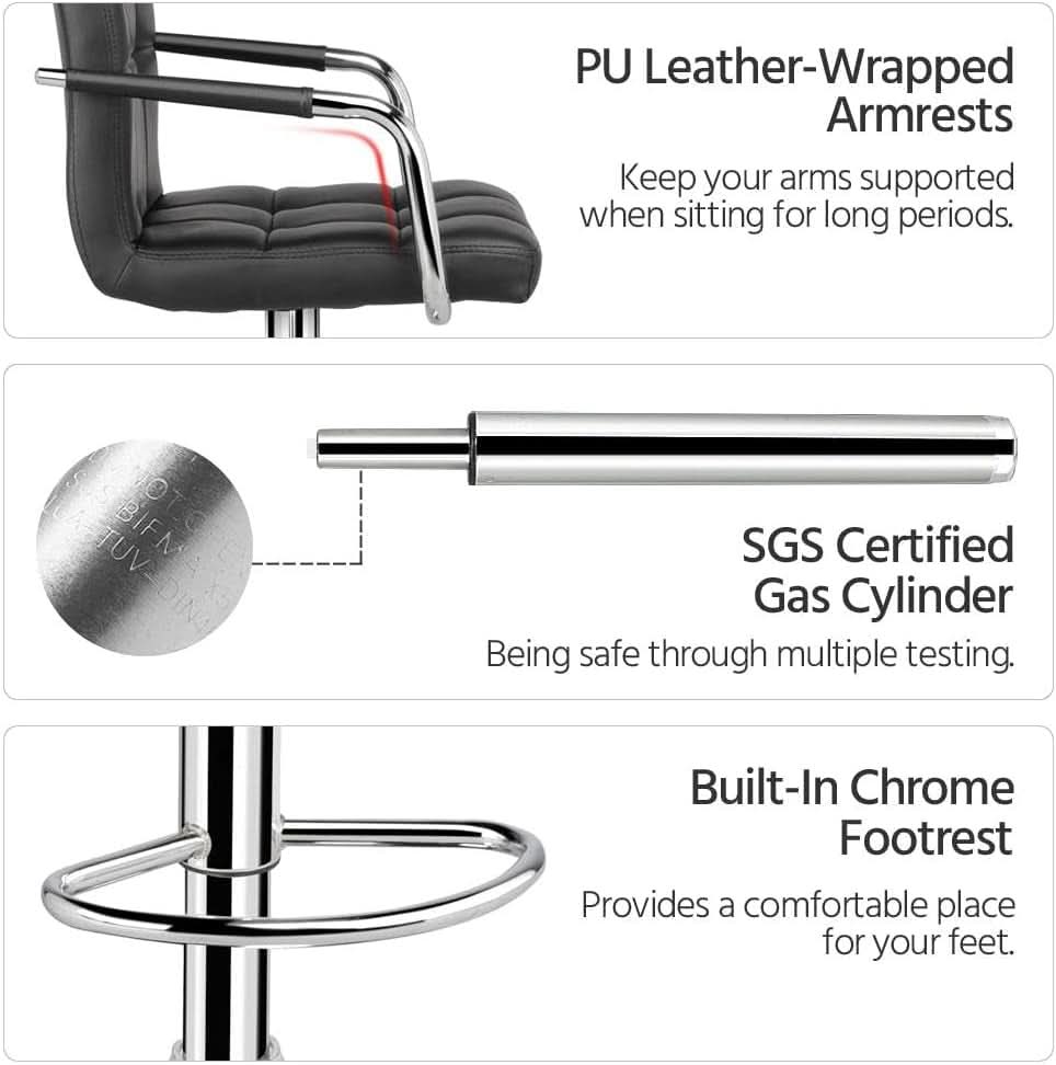 Bar Stools Set Of 2 Adjustable PU Leather Black Swivel