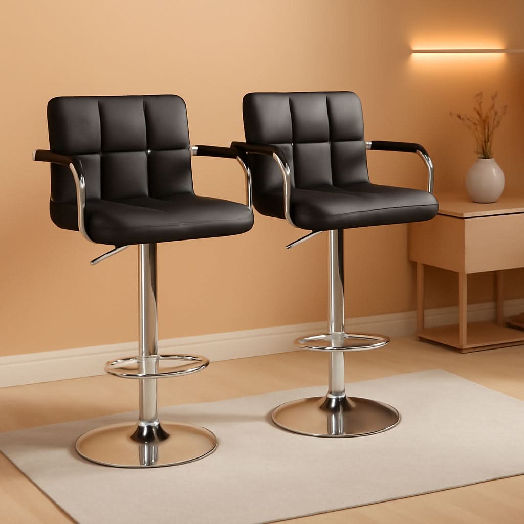 Bar Stools Set Of 2 Adjustable PU Leather Black Swivel