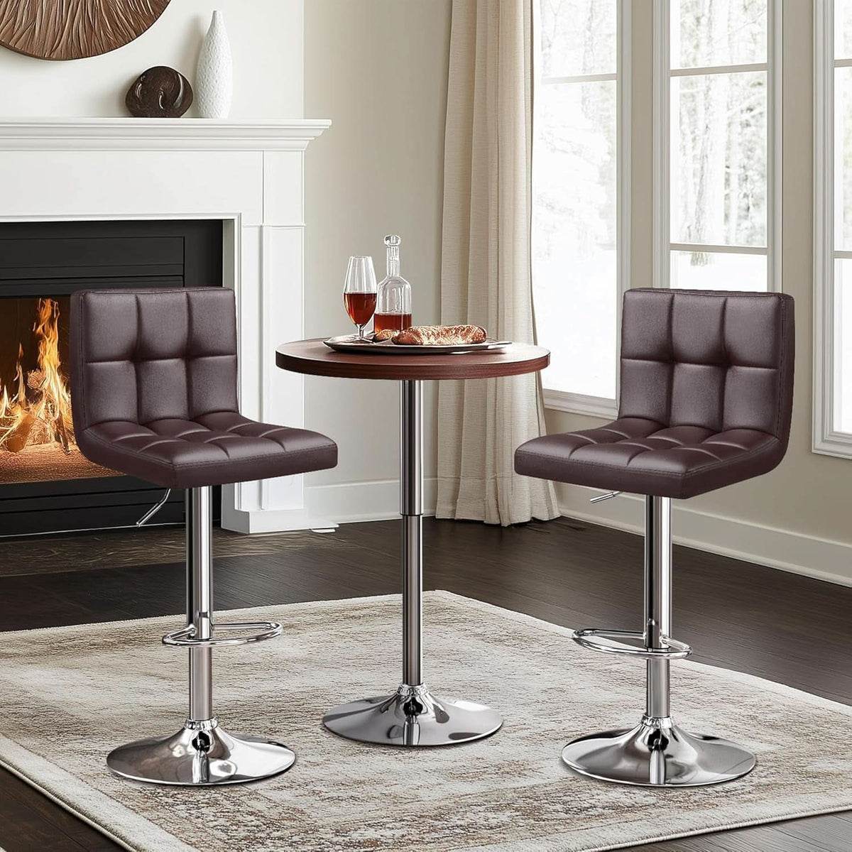 Bar Stools Set Of 2 Adjustable PU Leather Swivel Brown