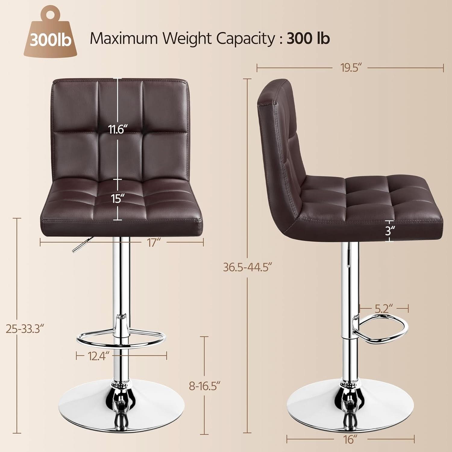 Bar Stools Set Of 2 Adjustable PU Leather Swivel Brown