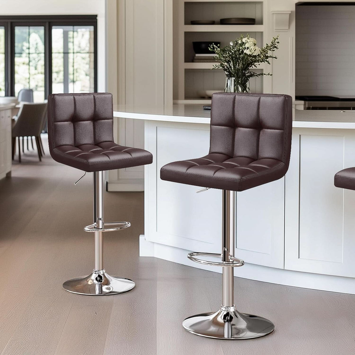 Bar Stools Set Of 2 Adjustable PU Leather Swivel Brown