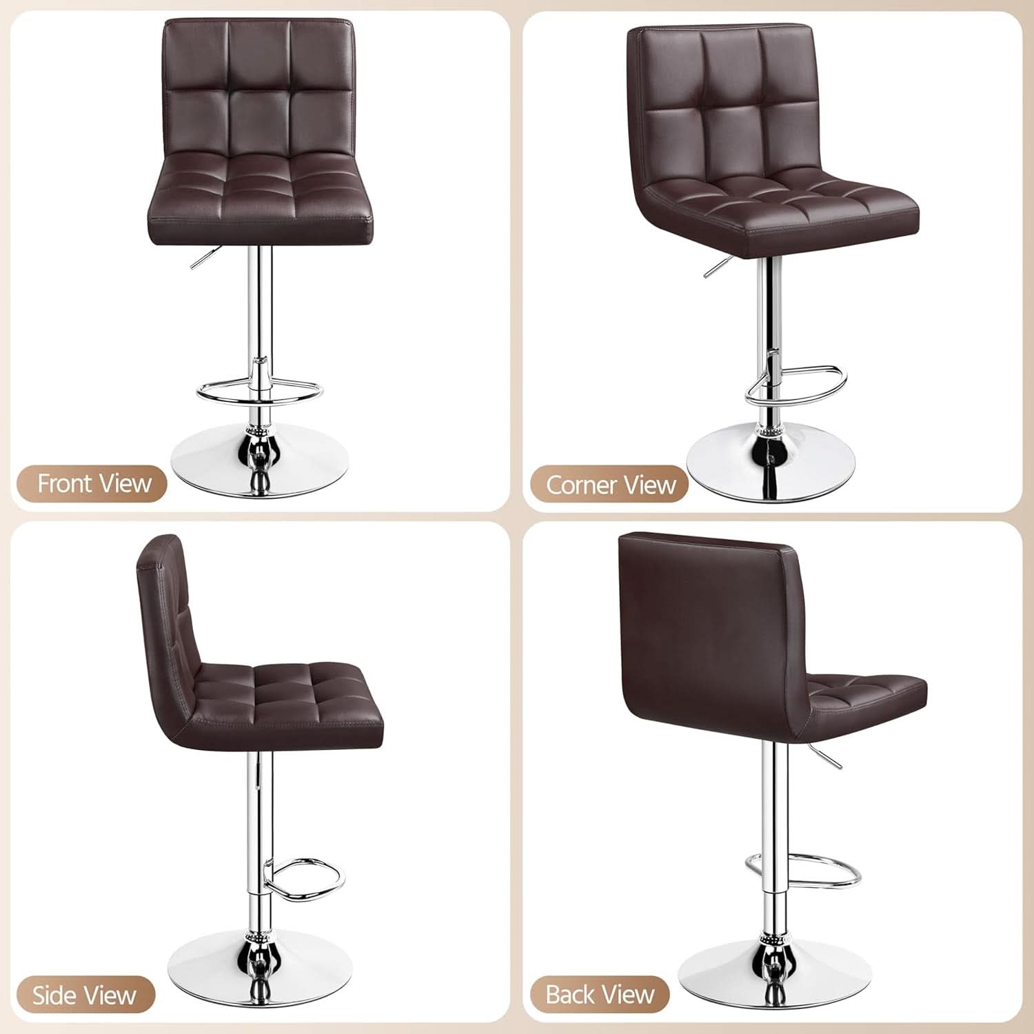 Bar Stools Set Of 2 Adjustable PU Leather Swivel Brown