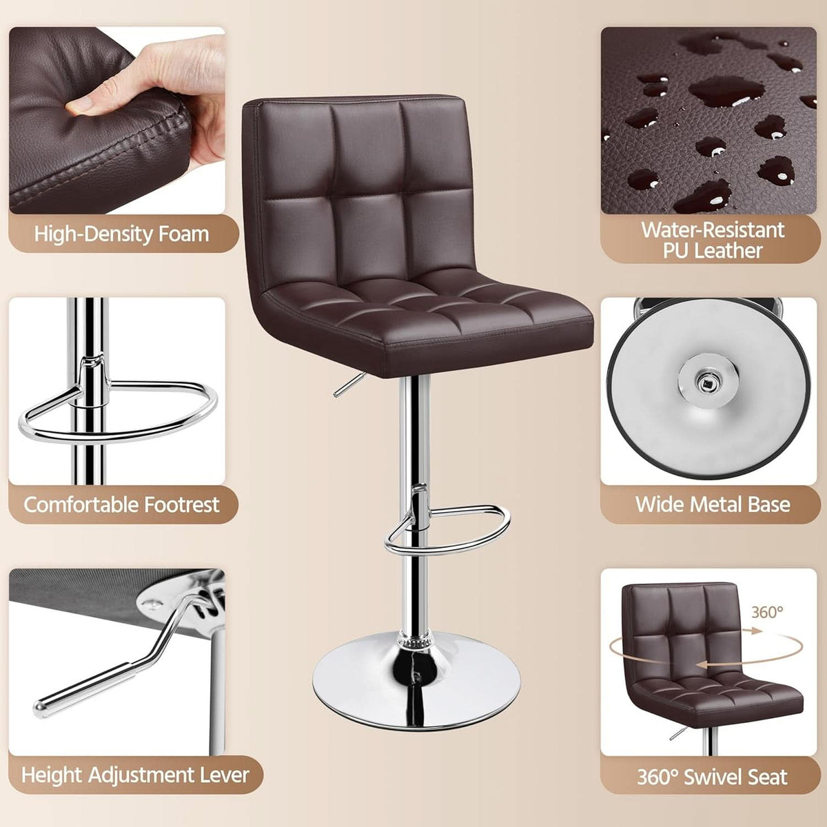 Bar Stools Set Of 2 Adjustable PU Leather Swivel Brown