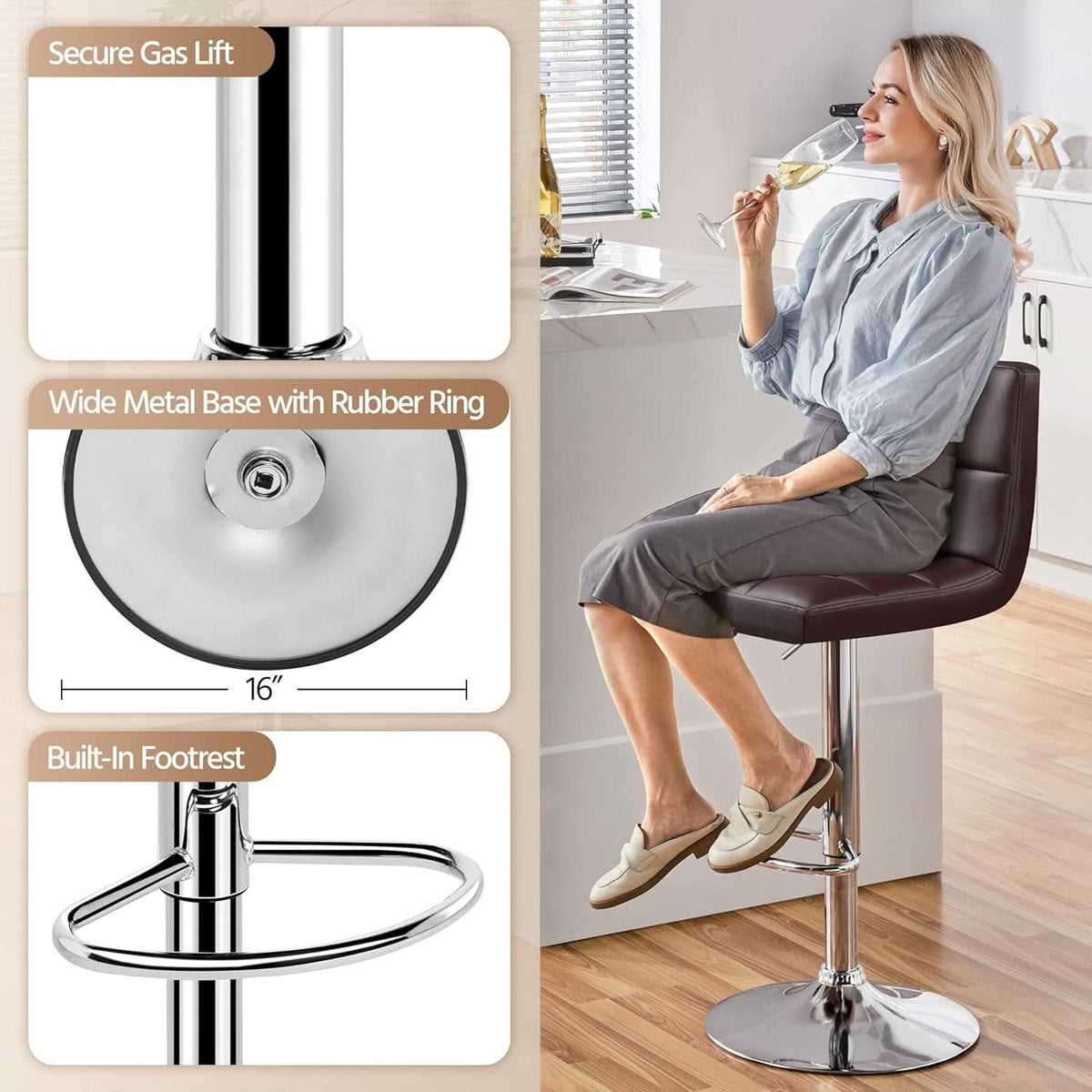 Bar Stools Set Of 2 Adjustable PU Leather Swivel Brown